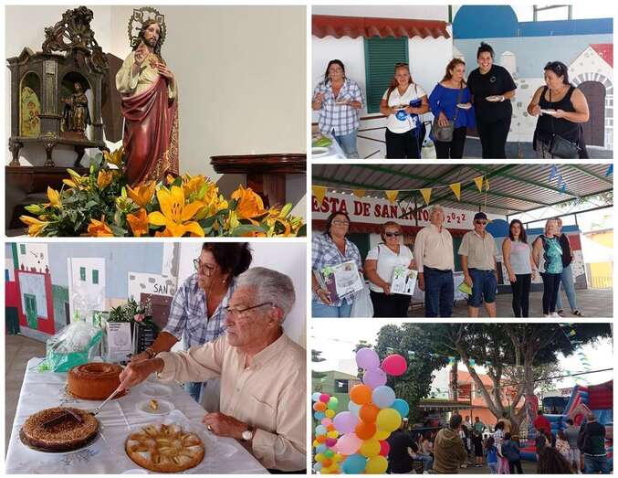 Collage de fotos del arreglo floral de los tronos religiosos, concurso de repostería y fiesta infantil/TA.